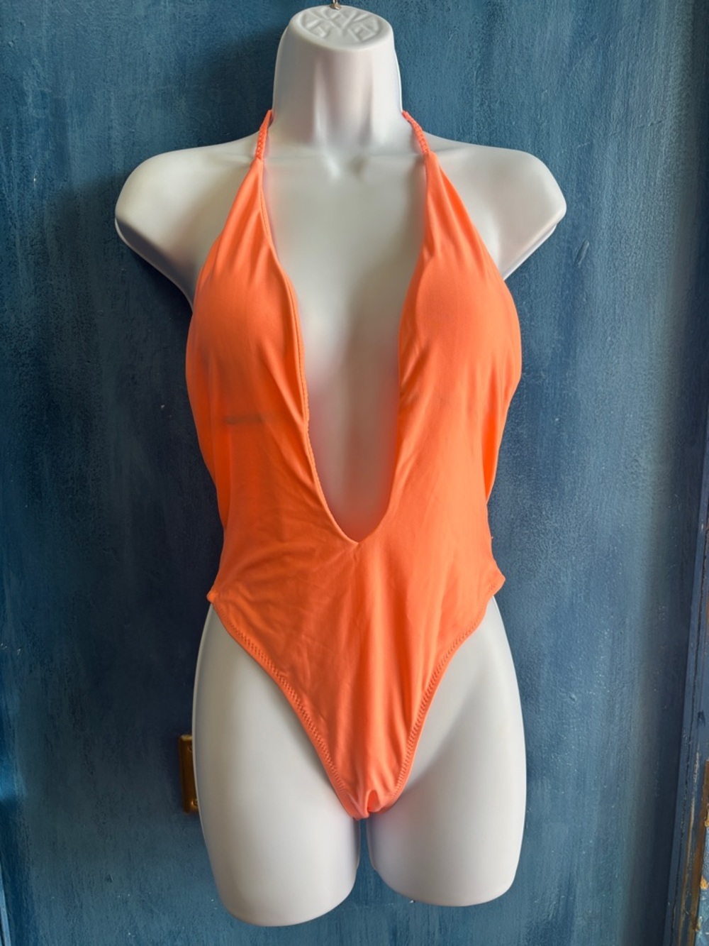 Women's Neon Orange Plunge One-Piece Swimsuit